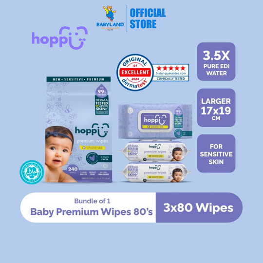 Hoppi 99% Premium Water Wipes For Sensitive Skin (80 Wipes x 3 Packs)