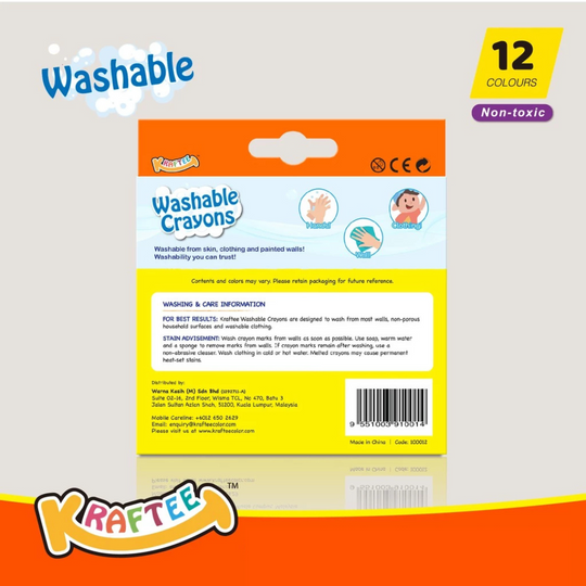Kraftee 12CT Washable Crayons For Kid Children Art Creativity - Non-Toxic - Back to School