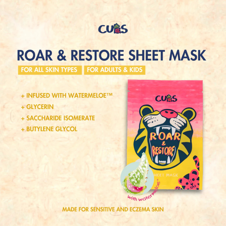 CUBS Roar & Restore Sheet Mask - gentle and hydrating sheet mask formulated with WatermeloeTM