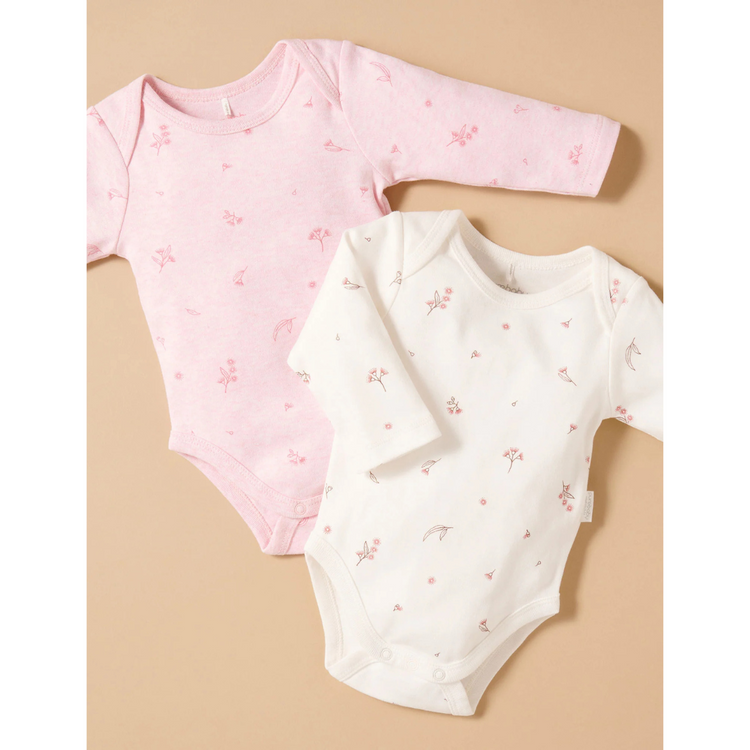 Purebaby 2 Pack Organic Easy Neck Long Sleeve Bodysuit - Pale Pink Blossom