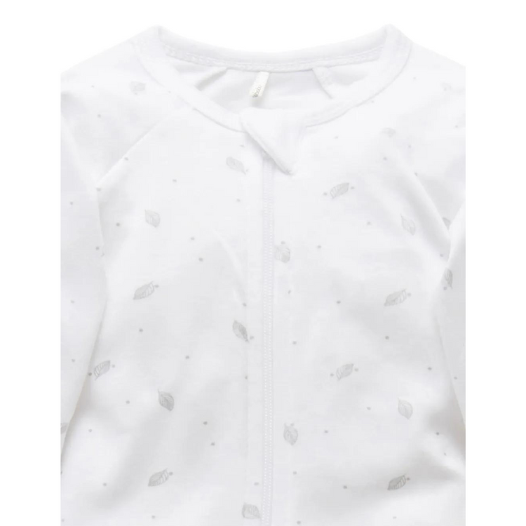 Purebaby Organic Zip Growsuit - Pale Grey Leaf With Spot Print