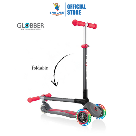 Globber 432-120-2 Primo Foldable Lights Scooter For Kids Age 3+ Up To 50Kg - Grey Red with Anodized T-bar