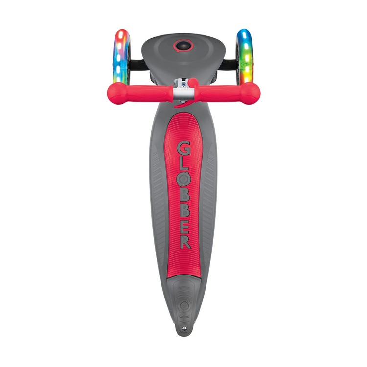Globber 432-120-2 Primo Foldable Lights Scooter For Kids Age 3+ Up To 50Kg - Grey Red with Anodized T-bar