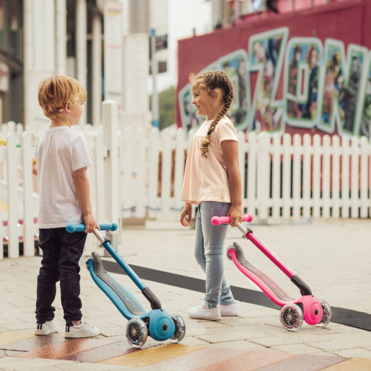 Globber 432-120-2 Primo Foldable Lights Scooter For Kids Age 3+ Up To 50Kg - Grey Red with Anodized T-bar