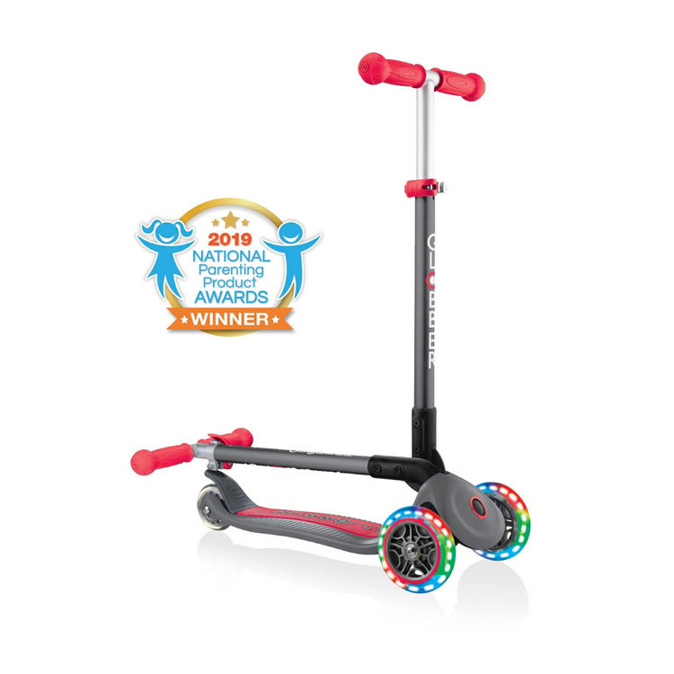 Globber 432-120-2 Primo Foldable Lights Scooter For Kids Age 3+ Up To 50Kg - Grey Red with Anodized T-bar