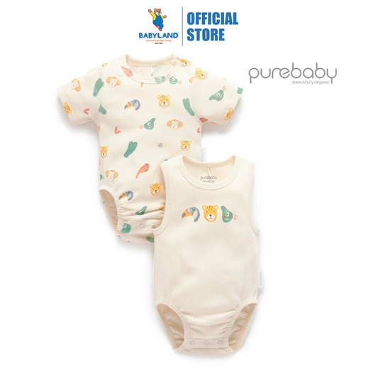Purebaby Organic 2 Pack Short Sleeve Ribbed Bodysuit - Fiesta Heads