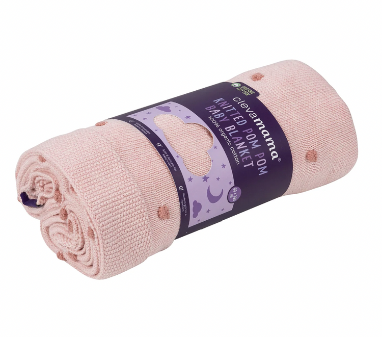 Clevamama Organic Cotton Knitted Pom Pom Baby Blanket - Pink