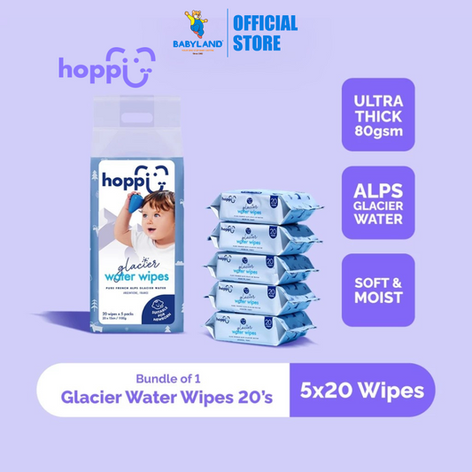 Hoppi Premium Glacier Water Baby Wipes (20 Wipes x 5 Packs)