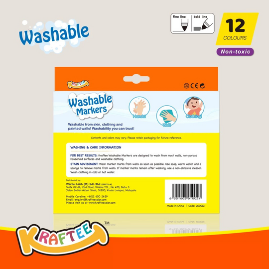 Kraftee 12CT Washable Markers - For Kids Children Art Non-Toxic - Back to School