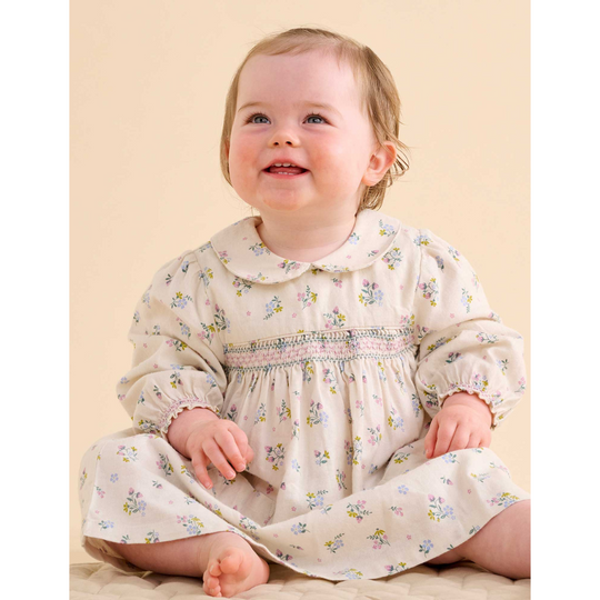 Purebaby Organic Baby Kids Smocked Dress - Wheat Strawberry Blossom Print