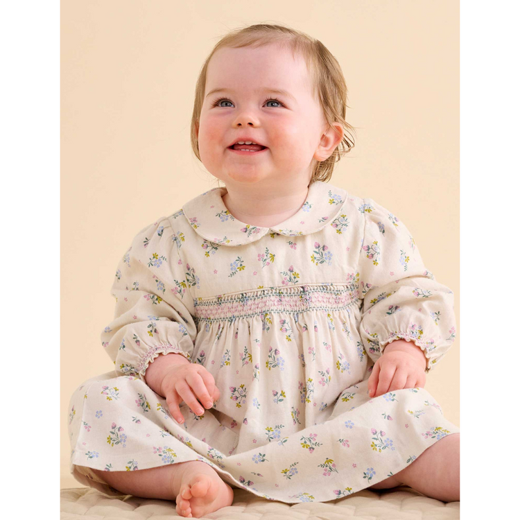 Purebaby Organic Baby Kids Smocked Dress - Wheat Strawberry Blossom Print