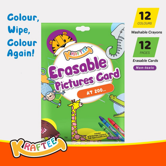 Kraftee Erasable Pictures Card - At Zoo with 12ct Washable Crayons