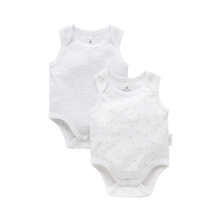 Purebaby 2 Pack Organic Singlet Bodysuit - Pale Grey Melange Print
