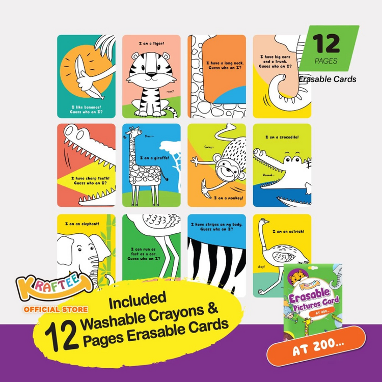Kraftee Erasable Pictures Card - At Zoo with 12ct Washable Crayons