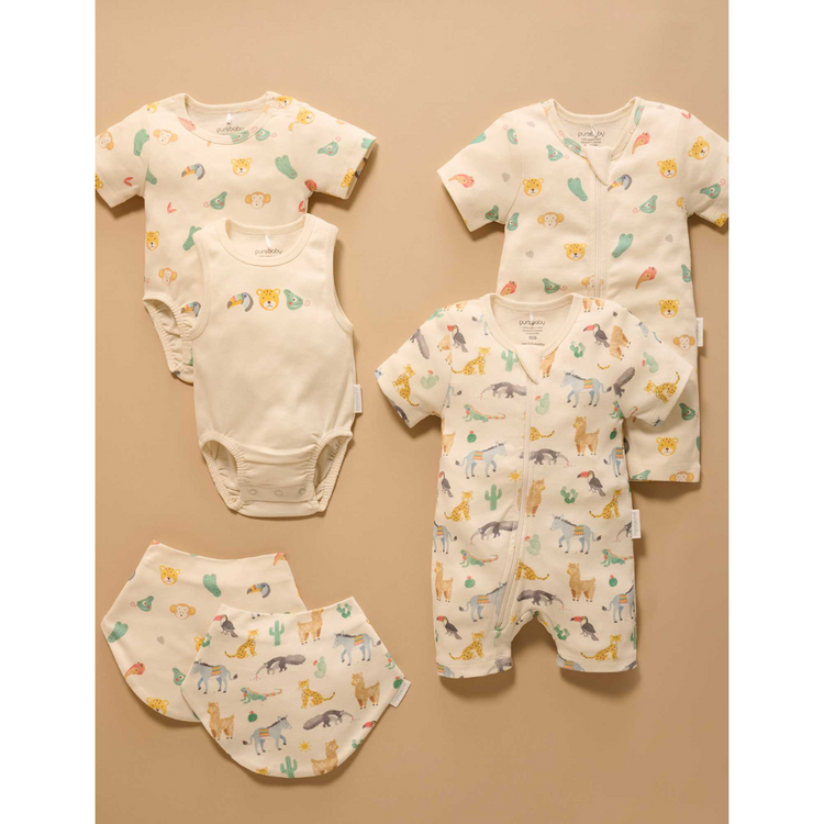 Purebaby Organic 2 Pack Short Sleeve Digital Growsuit - Fiesta Heads