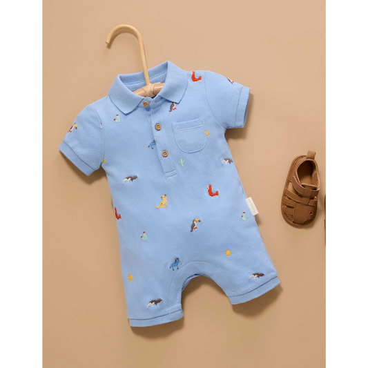 Purebaby Organic Animal Fiesta Broderie Polo Growsuit