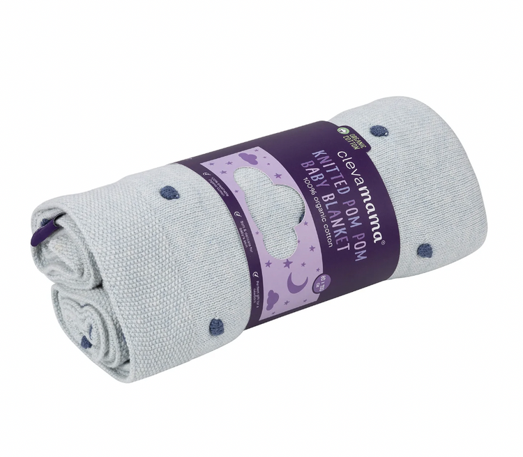 Clevamama Organic Cotton Knitted Pom Pom Baby Blanket - Blue