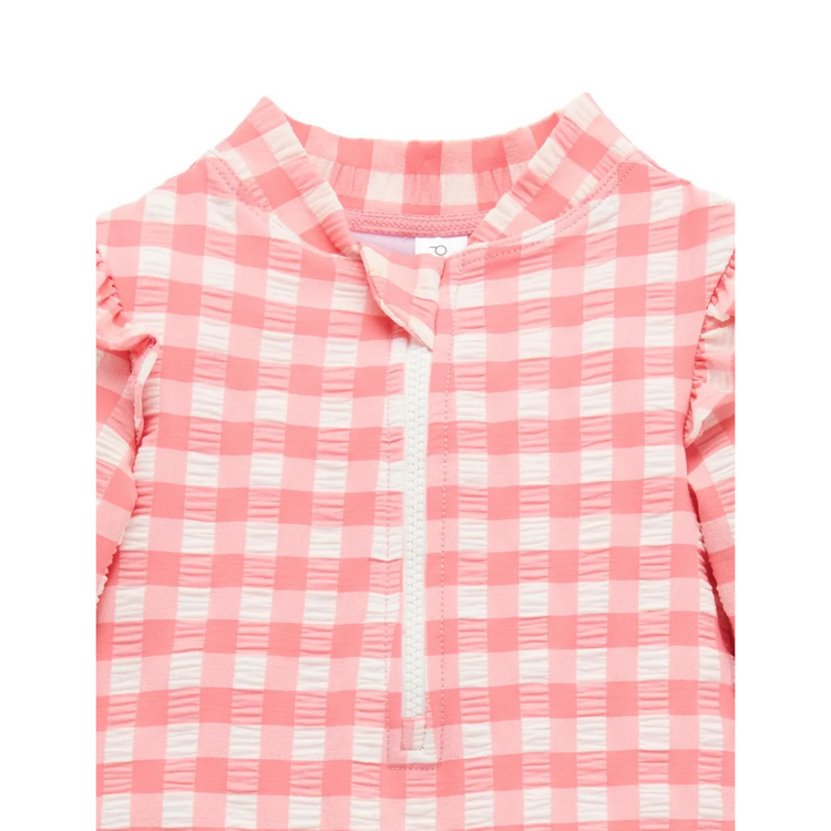 Purebaby Organic Long Sleeve Swimsuit - Pomegranate Gingham Frilly