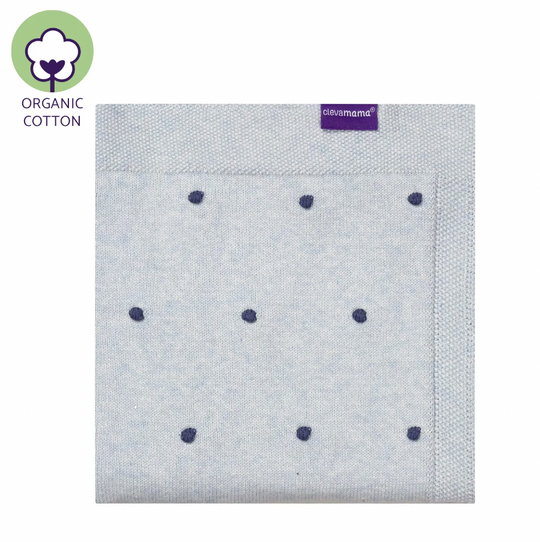 Clevamama Organic Cotton Knitted Pom Pom Baby Blanket - Blue