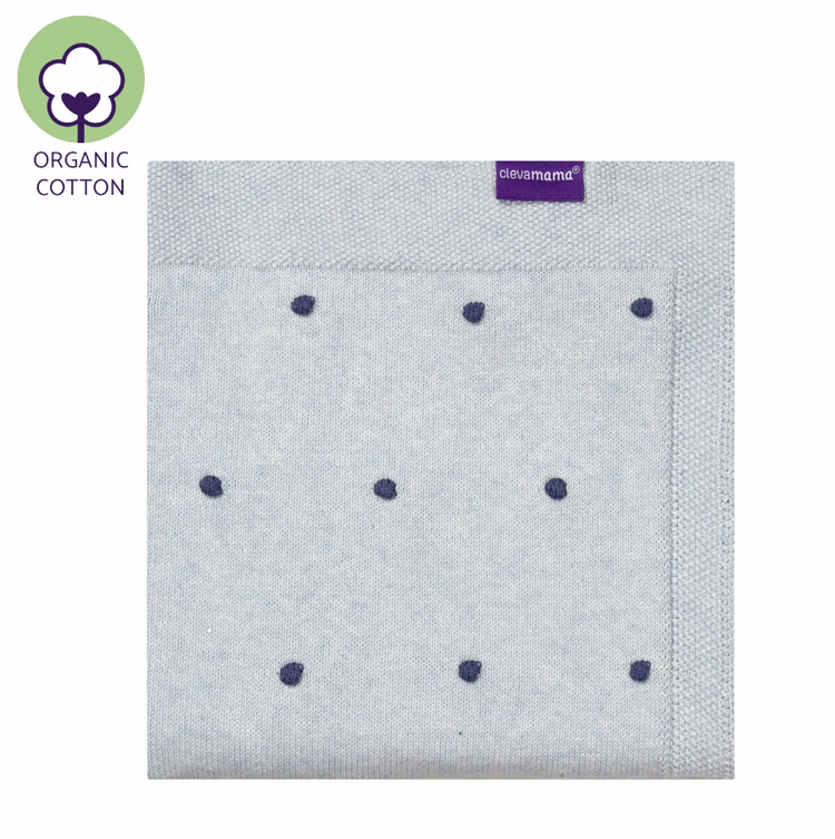 Clevamama Organic Cotton Knitted Pom Pom Baby Blanket - Blue