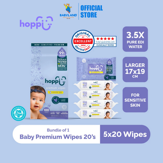 Hoppi 99% Premium Water Wipes For Sensitive Skin (20 Wipes x 5 Packs)