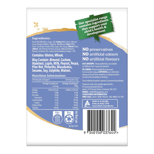 Rafferty's Garden Happy Tummies Blueberry Puffed Rice Bars 72g | Suitable for 1-5 years