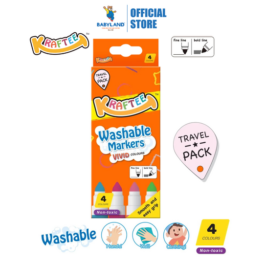 Kraftee 4CT Washable Markers - Travel Pack For Kid Art Creativity - Non Toxic