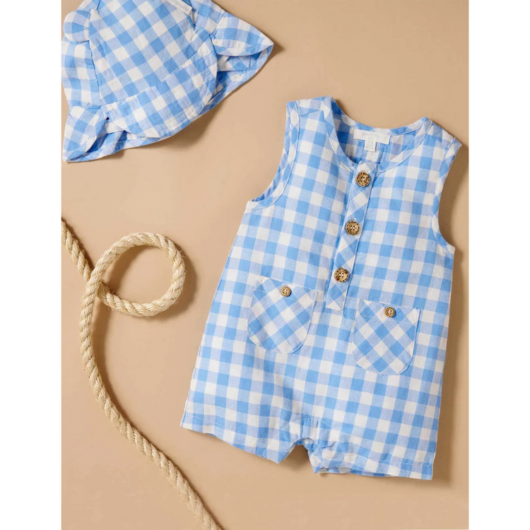 Purebaby Organic Ocean Gingham Linen Blend Romper