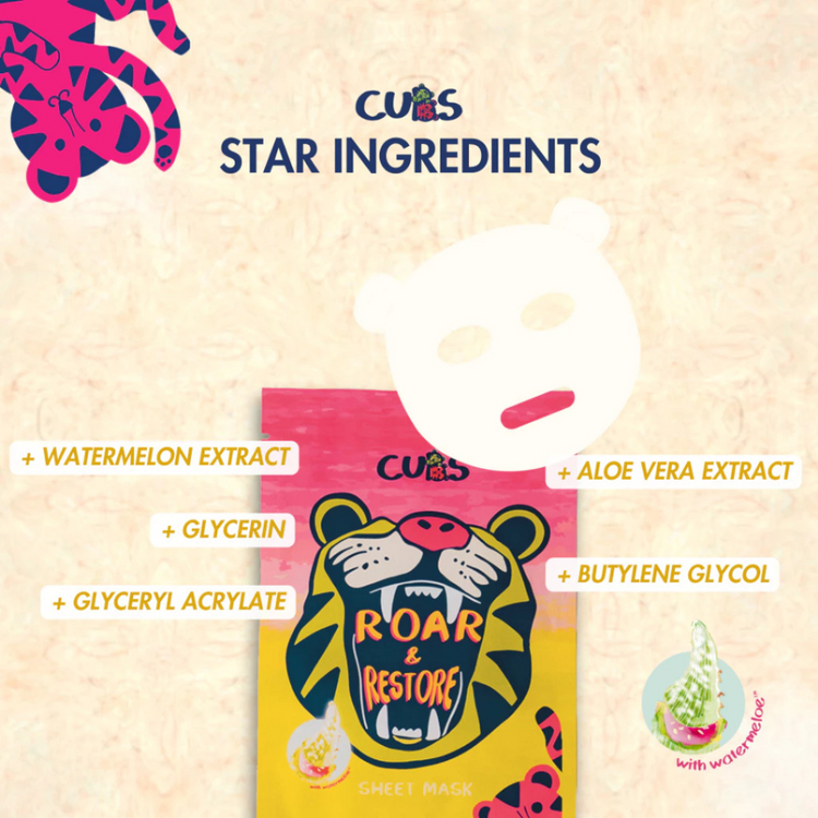 CUBS Roar & Restore Sheet Mask - gentle and hydrating sheet mask formulated with WatermeloeTM