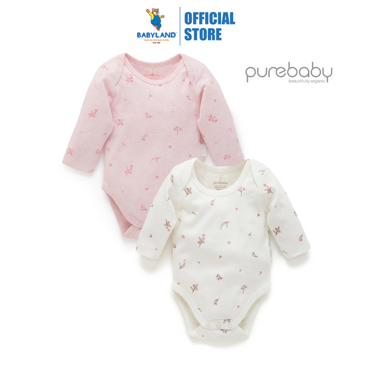 Purebaby 2 Pack Organic Easy Neck Long Sleeve Bodysuit - Pale Pink Blossom