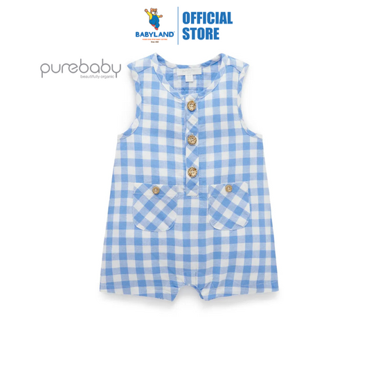 Purebaby Organic Ocean Gingham Linen Blend Romper