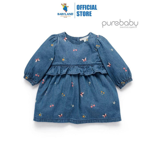 Purebaby Organic Ladybird Broderie Print Denim Embroidered Dress