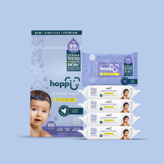 Hoppi 99% Premium Water Wipes For Sensitive Skin (20 Wipes x 5 Packs)