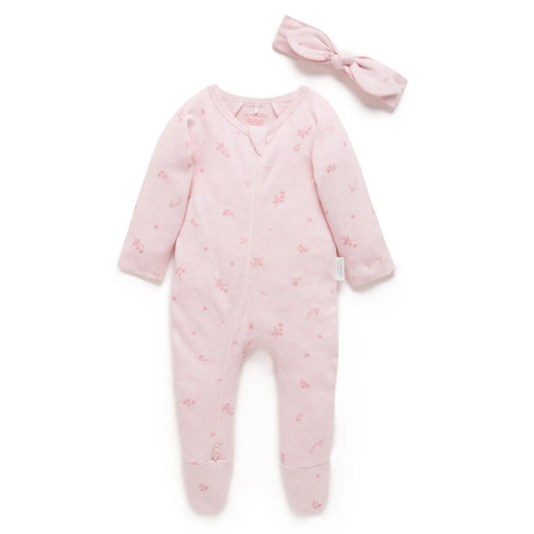 Purebaby Organic Zip Growsuit & Headband Pack - Pale Pink Blossom
