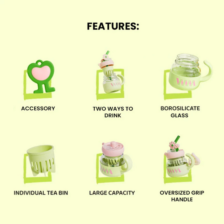 Cocosmile 8313 Coco Flower Desktop Straw Glass Cup 800ml - Green