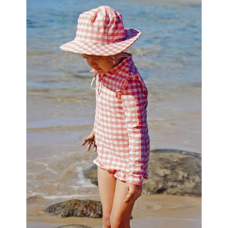 Purebaby Organic Long Sleeve Swimsuit - Pomegranate Gingham Frilly