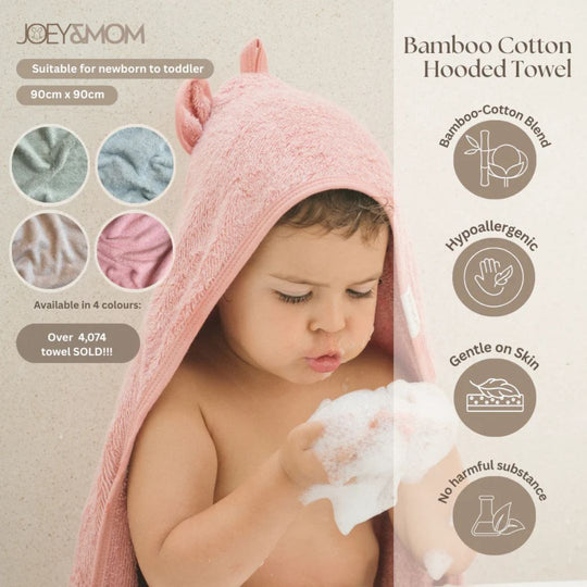 Joey & Mom Bamboo Cotton Hooded Baby Bath Towel 90x90cm | Newborn & Toddler Bath Towel | Soft Absorbent Quick-Dry Towel