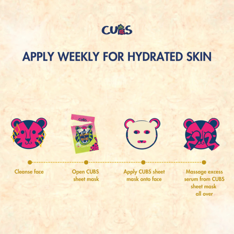 CUBS Roar & Restore Sheet Mask - gentle and hydrating sheet mask formulated with WatermeloeTM