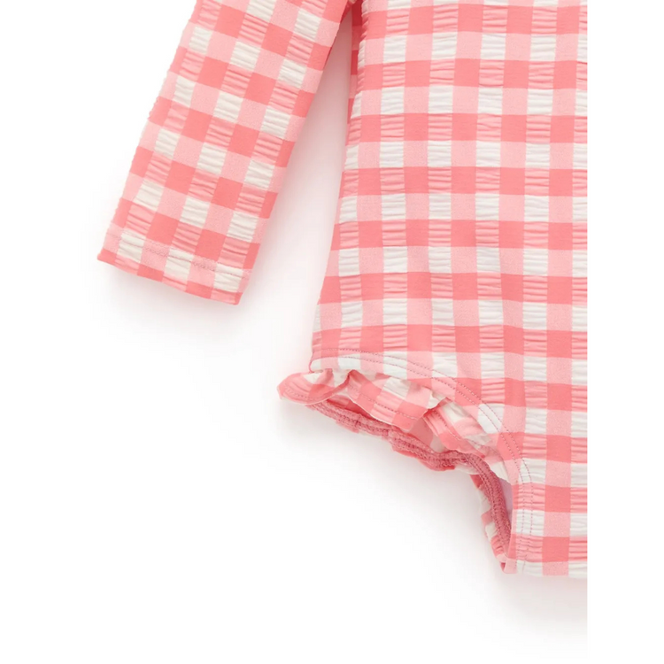 Purebaby Organic Long Sleeve Swimsuit - Pomegranate Gingham Frilly