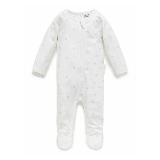 Purebaby Organic Zip Growsuit - Pale Grey Leaf With Spot Print