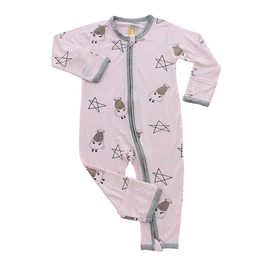 Baa Baa Sheepz Romper Zip Big Star & Sheepz Pink with Grey Border