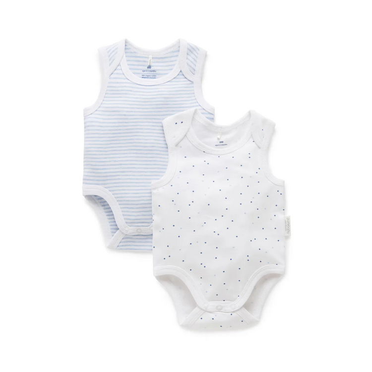 Purebaby 2 Pack Organic Singlet Bodysuit - Pale Blue Pack (Stripe / Polka Dot)
