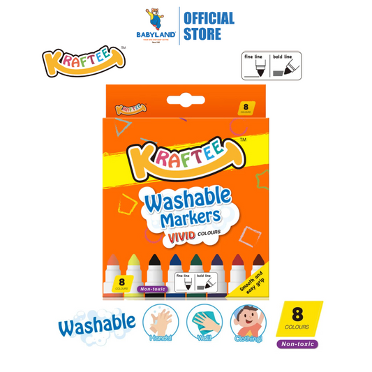 Kraftee 8CT Washable Markers for Kid Children Art Creativity - Non-Toxic - Back to School