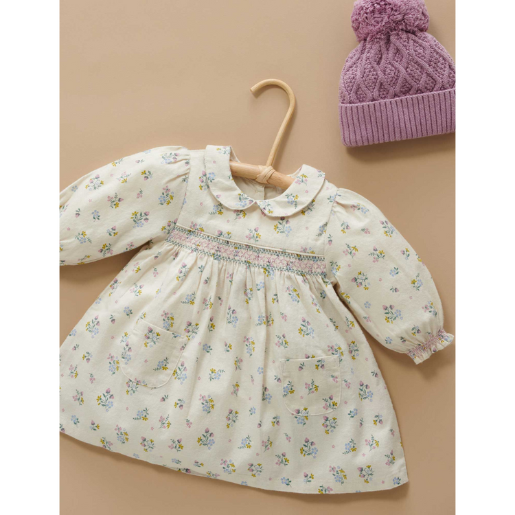 Purebaby Organic Baby Kids Smocked Dress - Wheat Strawberry Blossom Print