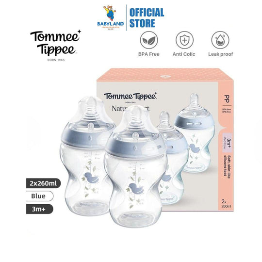 Tommee Tippee Natural Start PP Decorated Bottle (2x260ml) - Blue – BPA-free, Soft Silicone Teat, Anti-Colic Valve
