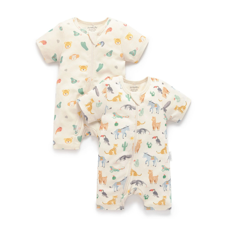 Purebaby Organic 2 Pack Short Sleeve Digital Growsuit - Fiesta Heads