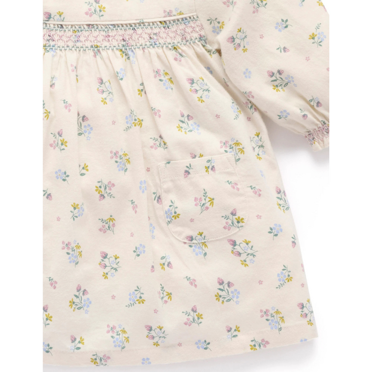 Purebaby Organic Baby Kids Smocked Dress - Wheat Strawberry Blossom Print