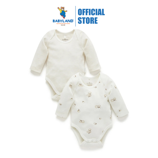 Purebaby 2 Pack Organic Baby Easy Neck Long Sleeve Bodysuit - Vanilla Cottonbud