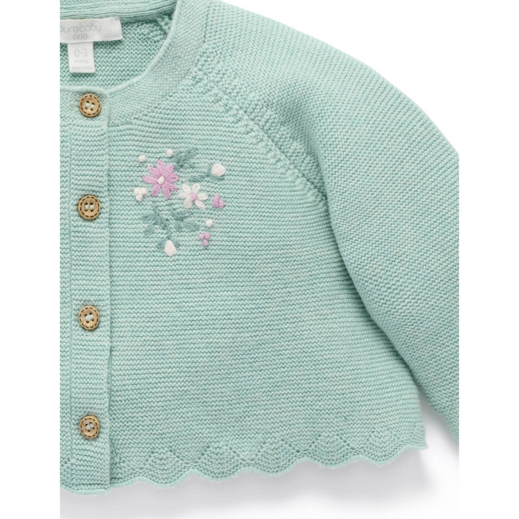 Purebaby Organic Hand Embroidered Cardigan - Sage Melange