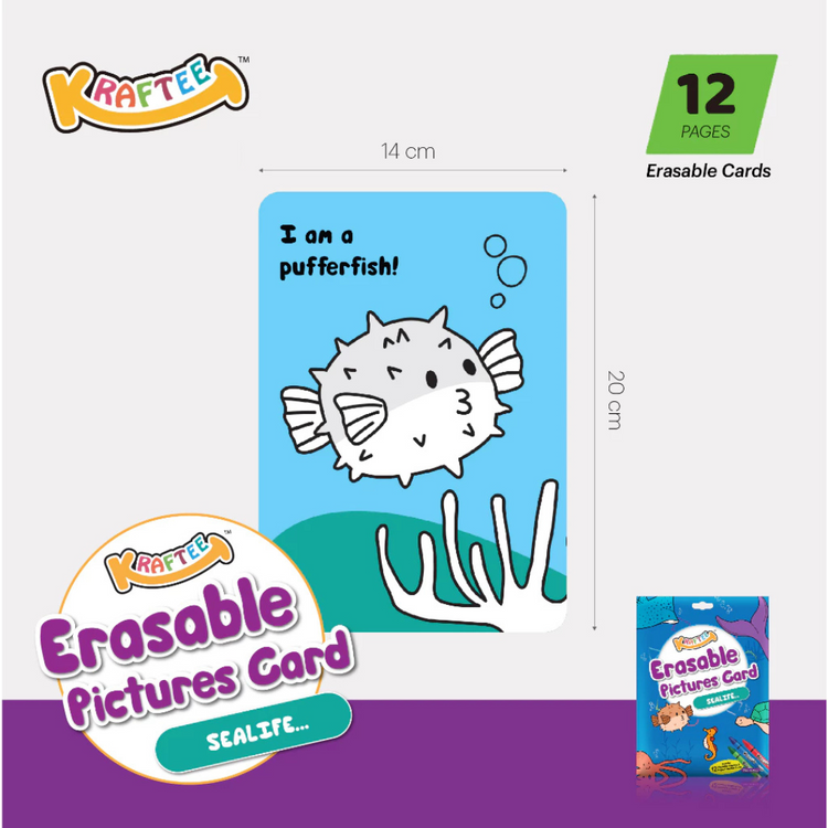 Kraftee Erasable Pictures Card - Sealife with 12ct Washable Crayons